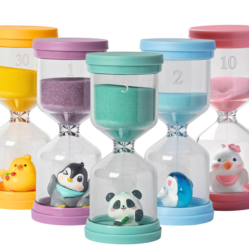 5 Pcs Colourful Plastic Hourglass with Different Animals,Sand Timers 1m/2m/5m/10m/30m,Sand Timers for Students,Games,Classroom,Kitchen,Office,Desk Decor (Pack of 5) Hourglass set