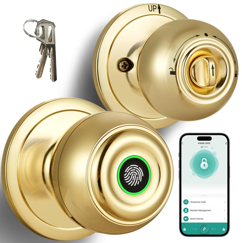 Smart Fingerprint Door Lock with App Control, Keyless Entry Door Knob for Bedrooms, Biometric Door Lock with Backup Keys & Auto-Lock, Thumbprint Door Knob for Home, Office, Apartment, Garage-Gold