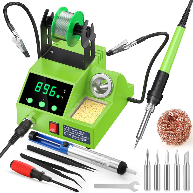 Soldering Station, 100W Digital Display Soldering Iron Station Kit with 2 Helping Hands, 356°F - 896°F, Auto Sleep, °C/°F Conversion, Solder Wire, Tips, Stand, Pump, Tweezers, Tip Cleaner, Green 938-green