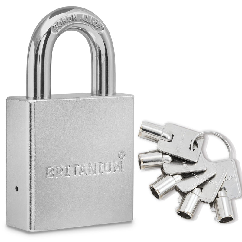 Britanium® SFL60 Professional Grade Padlock - Chrome Plated Steel with Boron Alloy Shackle, 5 Tumbler Keys, Weather-Resistant Design for Storage & Commercial Security 60 mm Normal Shackle Silver