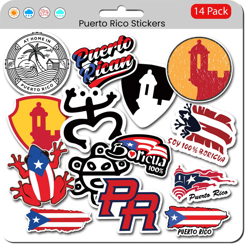 Puerto Rico Stickers (14 Pack) – Waterproof, Durable Vinyl Featuring Puerto Rican Flag, Coquí, Taino Symbols & Cultural Icons – Perfect for Laptops, Cars, Water Bottles, Truck