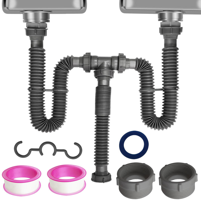 Flexible Expandable Double P-Trap Kit for 1 1/2" or 1 1/4" Double Bowl Sink Drain, Tube Pipes Kit Fit for Kitchen, Bathroom, Complete with Sealing Ring, Tape, and Tubing