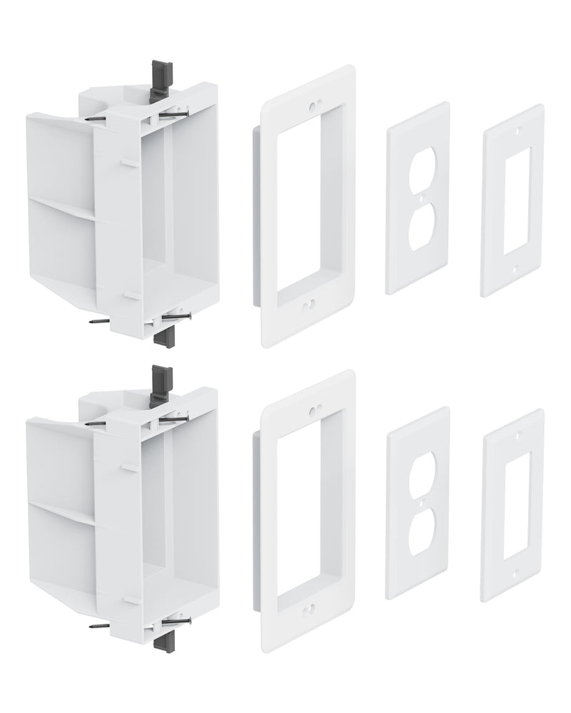 Recessed Outlet/Electrical Box Single Gang, Recessed Outlet Box for Wall Mount TV, Antenna, Phone and Cable TV, Suitable for GFCI & Standard, for Old or New Construction(2 Pack) White-2