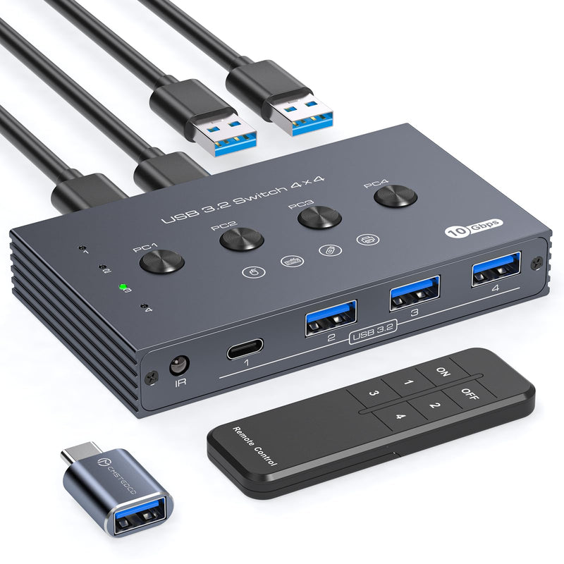 USB 3.2 Switch Selector 4 Computers Share 1 USBC & 3 USBA Devices 10Gbps 4 Port USB Switcher Sharing Keyboard Mouse Printer Scanner with Cable and Remote Control and a dapter USB 3.2
