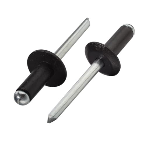 Linkup 190pcs pack 5/32" x 3/8" Black Large flange Pop blind Rivets,Large Head aluminum rivets,4mm x 10mm Black pop rivets,Aluminum Body Steel Mandrel Rivets
