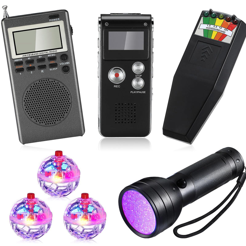 Saillong 7 Pcs Ghost Hunting Equipment Kit 1 Electromagnetic Paranormal Radiation Detector 1 Digital EVP Voice Recorder 1 Hand Held Radio 1 UV Flashlight 3 LED Light up Cat Balls, 8gb(Clear) Clear