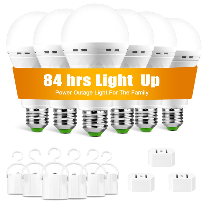 Rechargeable Emergency LED Light Bulbs, Light Up to 84 hrs, Battery Operated Light Bulb, Self-Charging Light Bulb 1500mAh Battery Backup Light Bulbs for Home Power Failure (E26 6 Pk Daylight) ZSHLQ-6P