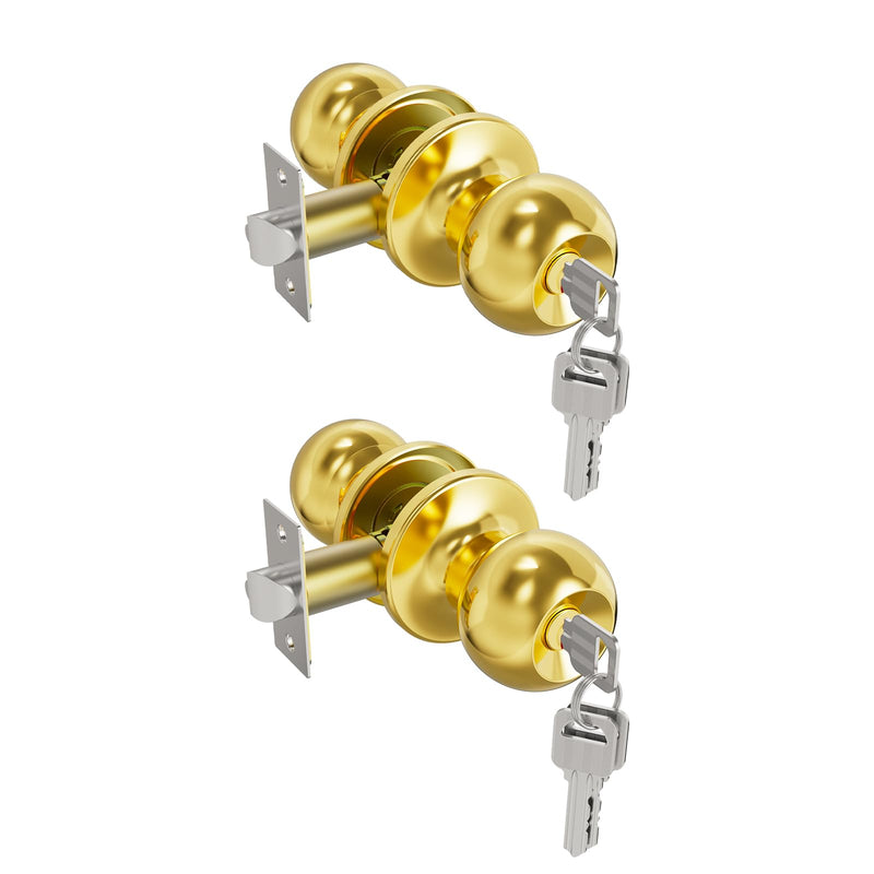 Door Knobs with Lock and Keys, Interior and Exterior Door Lock Standard Ball Door Locks for Bedrooms Bathroom Gold 2