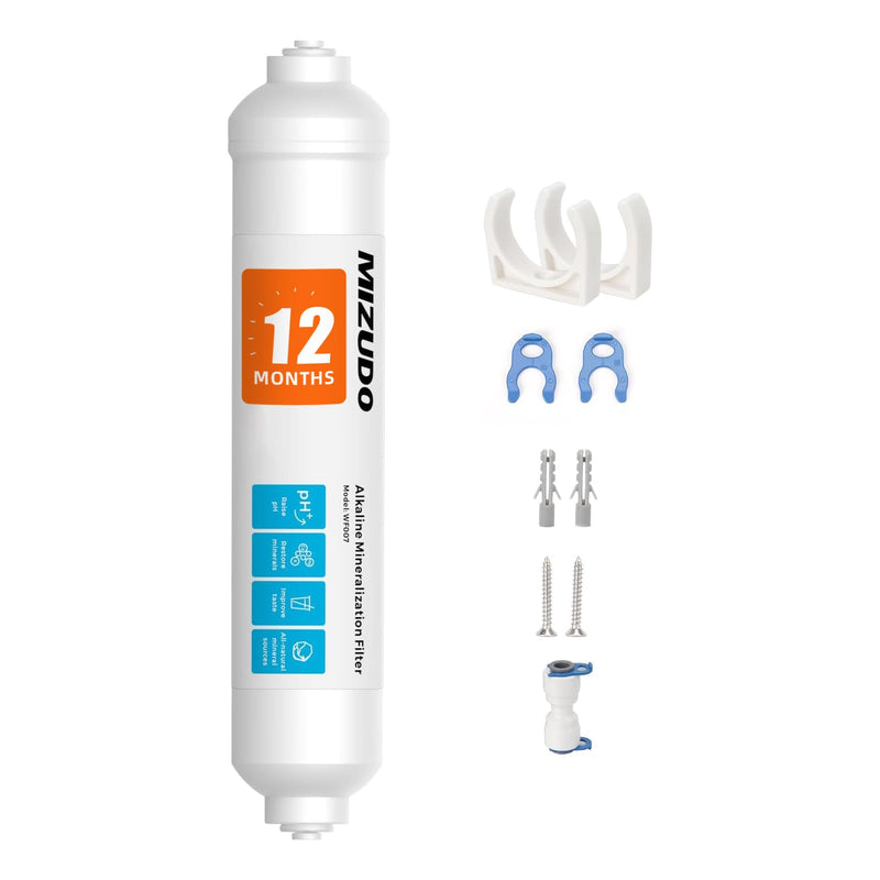 MIZUDO 12 Months Remineralization Filter, 1/4" Quick Connect Alkaline Filter for RO Reverse Osmosis System Under Sink, PH Balance and Restore Minerals, 10-inch PH Alkaline Filter