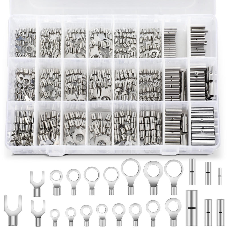 Tellegloww 600pcs Non Insulated Ring Terminal Kit Butt Fork Connectors Kit, AWG 22-10 Copper Connector Seamless Uninsulated Butt Splice Wire Terminals Assortment Electrical Wire Crimp Connectors 600