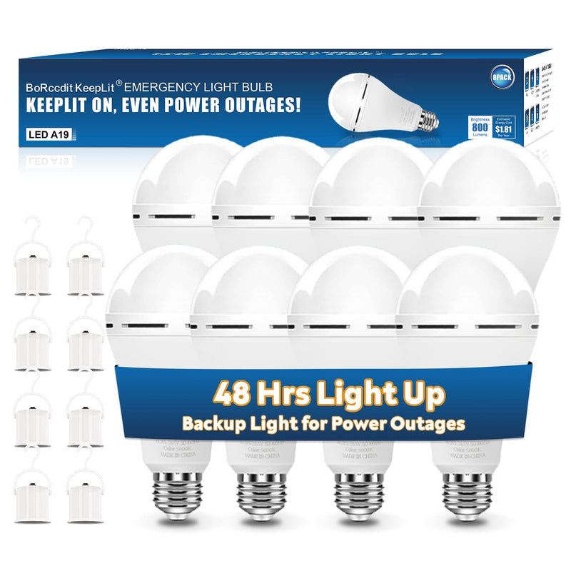 BoRccdit KeepLit 8 Pack Emergency Rechargeable Light Bulbs, 48H Long Lasting & 3 Brightness Power Outage Lights,12W 5000K Battery Backup Emergency Light Bulbs for Home Power Failure Hurricane 5000k Daylight 8 Count (Pack of 1)