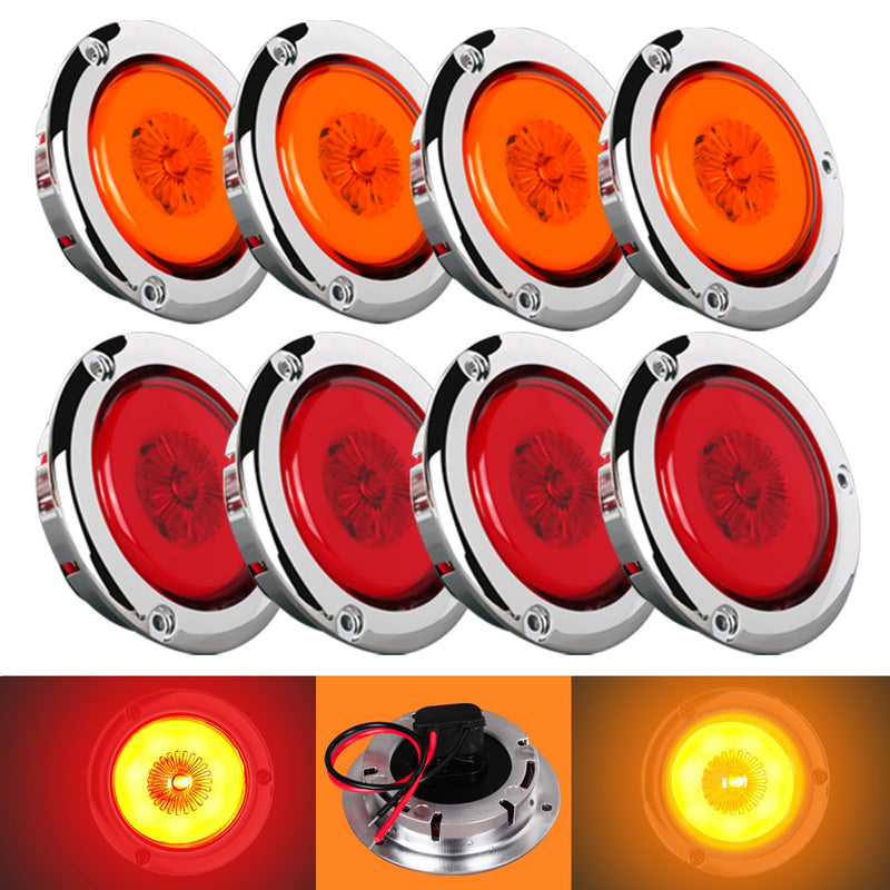 NEW SUN 8-Pack Premium 2.5 Inch Round LED Marker Lights, IP67 Waterproof, Halo & Neon Design, Stainless Chrome Bezel, Flange Mount for Utility Trailer, Camper, Truck, Pick-up, Boats, Red & Amber 4 Pcs Amber 4 Pcs Red