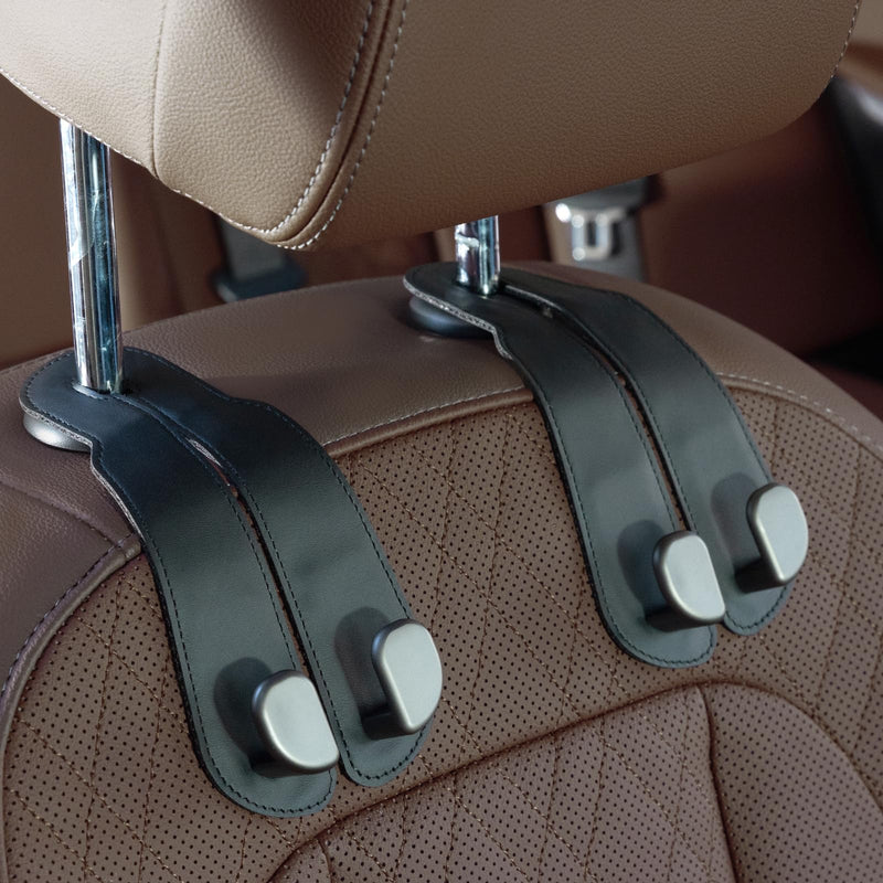 CoBak Purse Hook for Car - Universal Premium Stitched Leather and Aluminum-Magnesium Alloy Double Car Seat Back Storage Hook for Purses, Handbags, Bags (2 Pack),Black Black Double-Hooks
