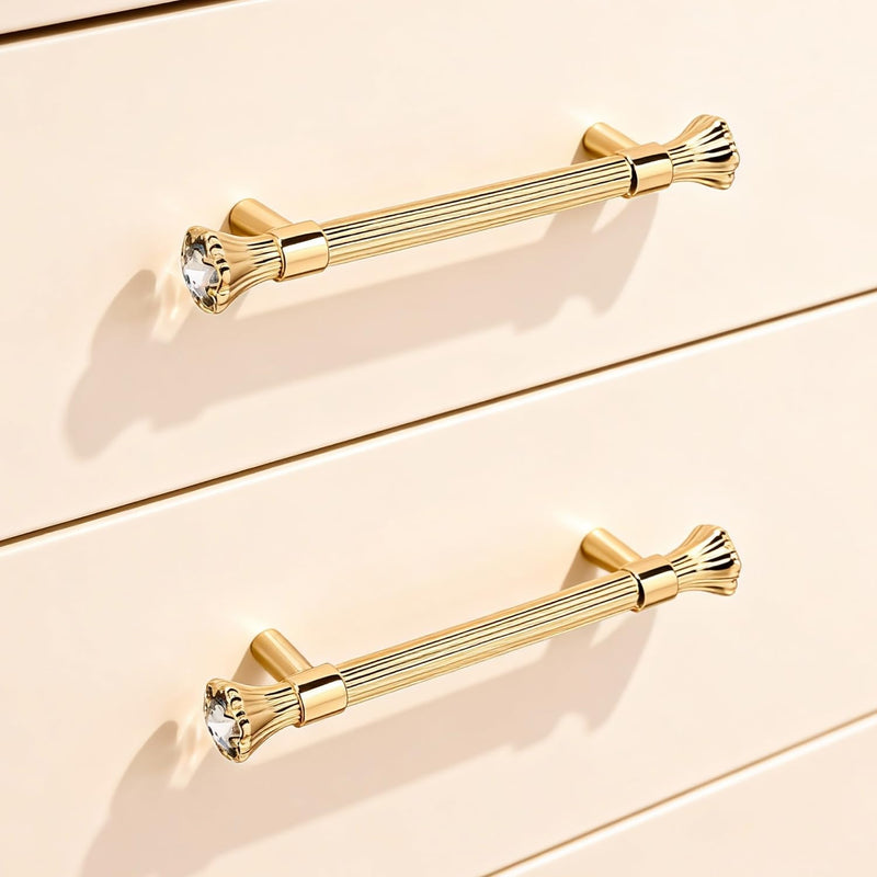 4 Pack Kitchen Cabinet Handles Gold, Crystal Dresser Drawer Pulls, Modern Bathroom Cabinet Handles, Kitchen Hardware for cabinets, Zinc Alloy Pull (4, Gold, 3.78"(96mm) Hole Center) 4