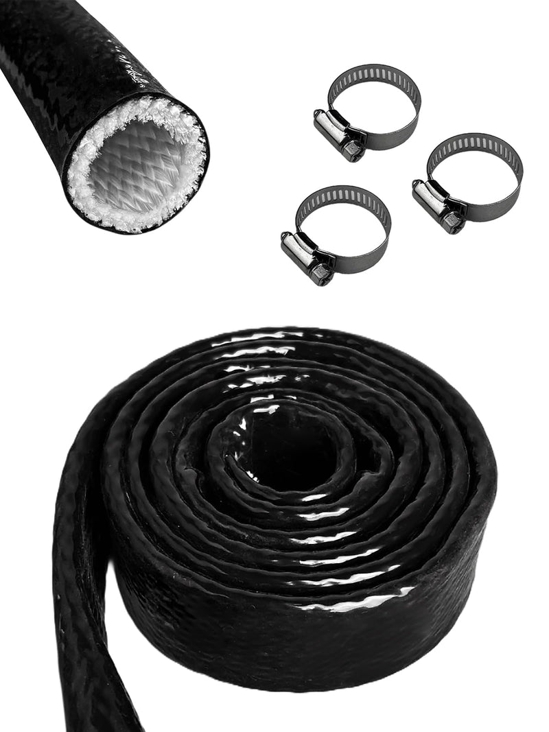 YAMAKATO 3/8" ID Heat Shielded Fire Thermo Armor Fire Sleeve Silicone Coated Fiberglass Heat Protection w/ 3 Clamps for Automotive Hose Lines & Electrical Wiring (Black, 5FT 3/8" ID x 5FT