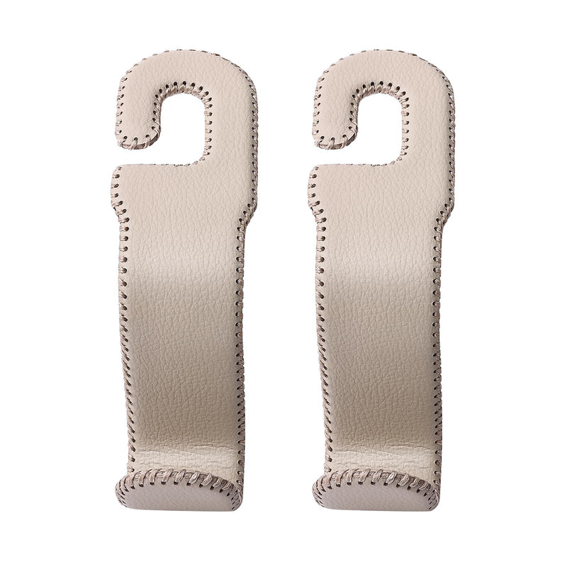 Leather Car Hooks for Headrest - Fully Leather-Wrapped U-Shaped Purse Holder for Car, Flexible Seat Back Organizer & Durable Car Accessories for Purses, Bags, Coats & More (Beige, 2 Pack) Beige