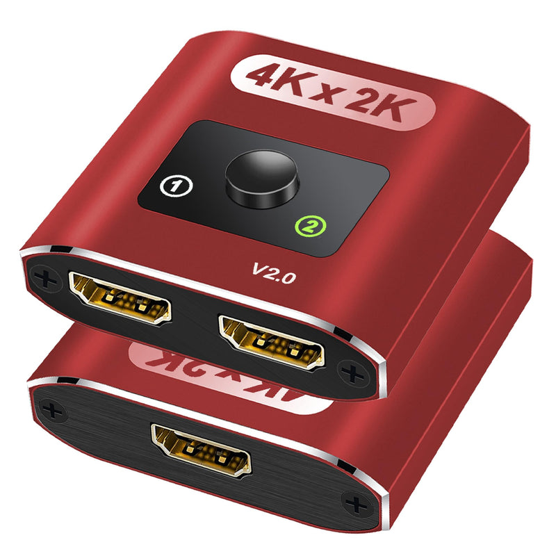 HDMI Switch Splitter 4K@60Hz, Aluminum Bi-Directional HDMI 2.0 Switcher, HDMI Splitter 1 in 2 Out/ 2 in 1 Out, Support 4K 3D HDR for Xbox, PS5/4/3, Fire Stick, Roku, HDTV, Projector, Computer(red)