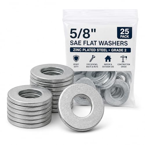 STURDFIX 5/8 Inch SAE Flat Washers, Zinc Plated Steel, Grade 2, Heavy Duty Metal Washers for Screws, Bolts, Nuts, Automotive, Decking, Fencing, Industrial, Construction Hardware – 25 Pack 5/8" SAE 0.656"