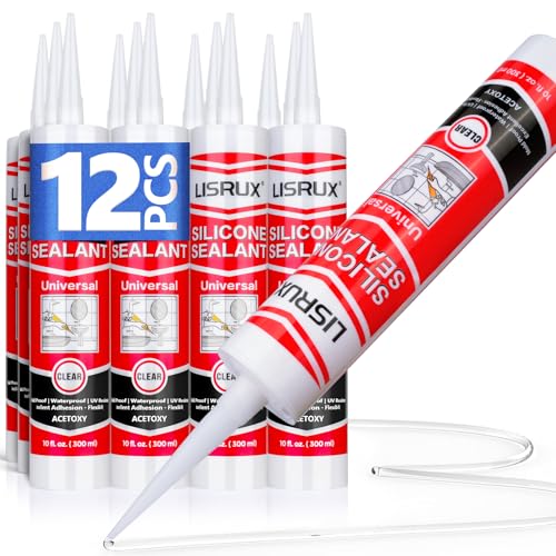 LISRUX Advanced Clear Silicone Caulk for Kitchen & Bathroom,10 fl oz Cartridge,12 Pack,100% Waterproof RTV Silicone Sealant,Stronger Adhesion,Shrink & Crack Proof 12P