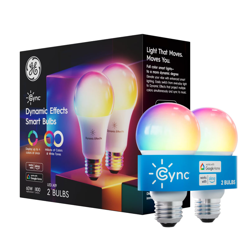 GE Cync Dynamic Effects A19 LED Smart Light Bulbs, Bluetooth and WiFi Color Changing Lights with Music Sync, Compatible with Alexa and Google Home (2 Pack) Multicolor A19 2 Bulbs (Pack of 1)