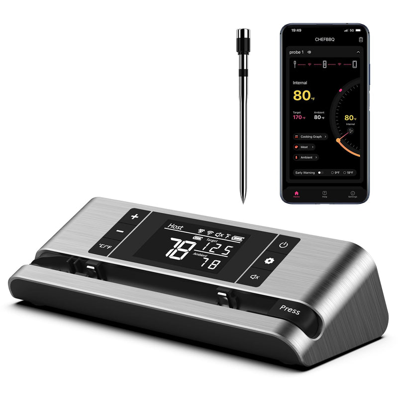 Wireless Smart Meat Thermometer with Dual-Sensor Probe, 500FT Remote Monitoring, Dedicated App, Real-Time Ambient and Food Temperature Tracking for Precise Cooking Control Single Probe Grey-Single Probe