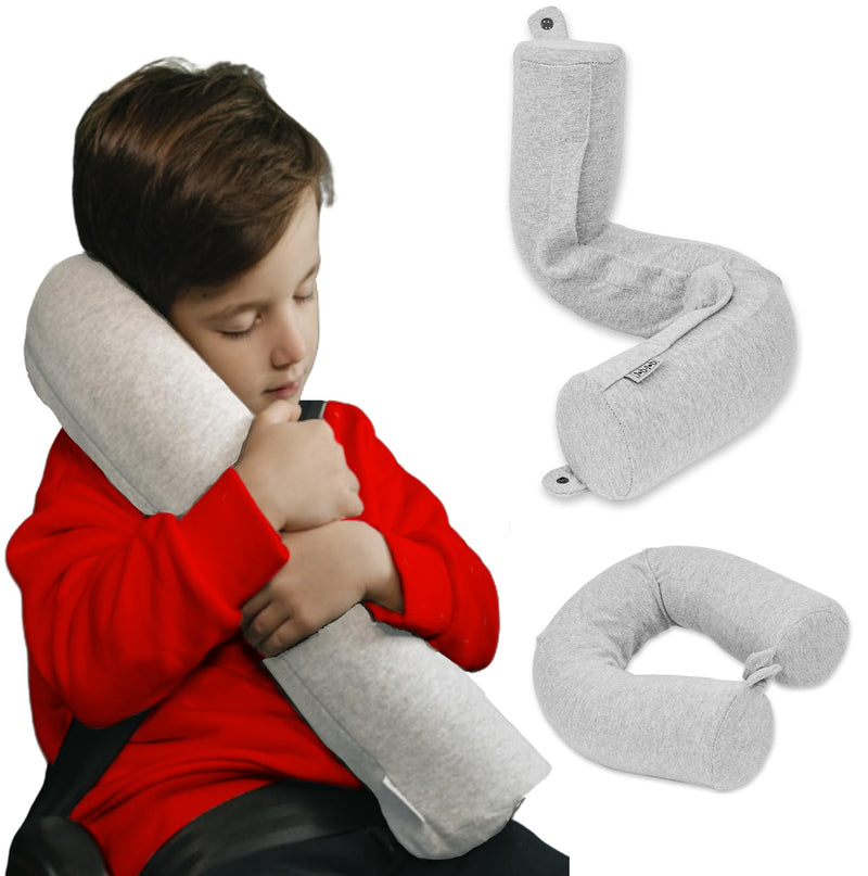  [AUSTRALIA] - Dot&Dot Twist Memory Foam Kids Travel Pillow for Airplanes - Neck Pillows for Travel, Sleeping - Airplane Pillow for Neck Support, Chin, Lumbar, Leg - Adjustable Neck Pillow for Car Seat Mini Gray Kids/Petite (23")