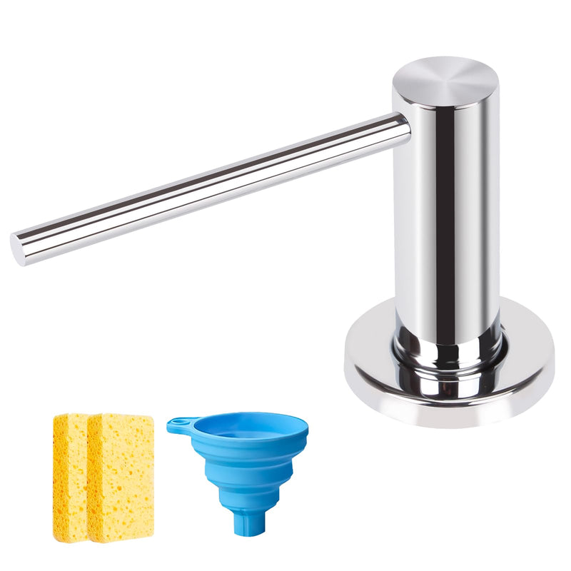 Dish Soap Dispenser Kitchen Sink, Long Spout Kitchen Sink Soap Dispenser Pump, Refill from The Top, Metal Pump Head with 17OZ Large Liquid Bottle, Chrome (2 Scrub Sponges)
