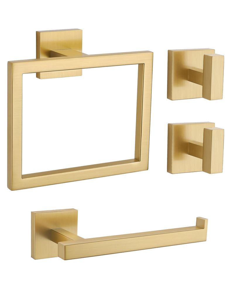 Brushed Gold Bathroom Hardware Set 4 Pieces, Toilet Paper Holder Set SUS304 Stainless Steel Bath Hand Towel Ring for Bathroom Hardware Accessories Set Wall Mounted Brushed Gold