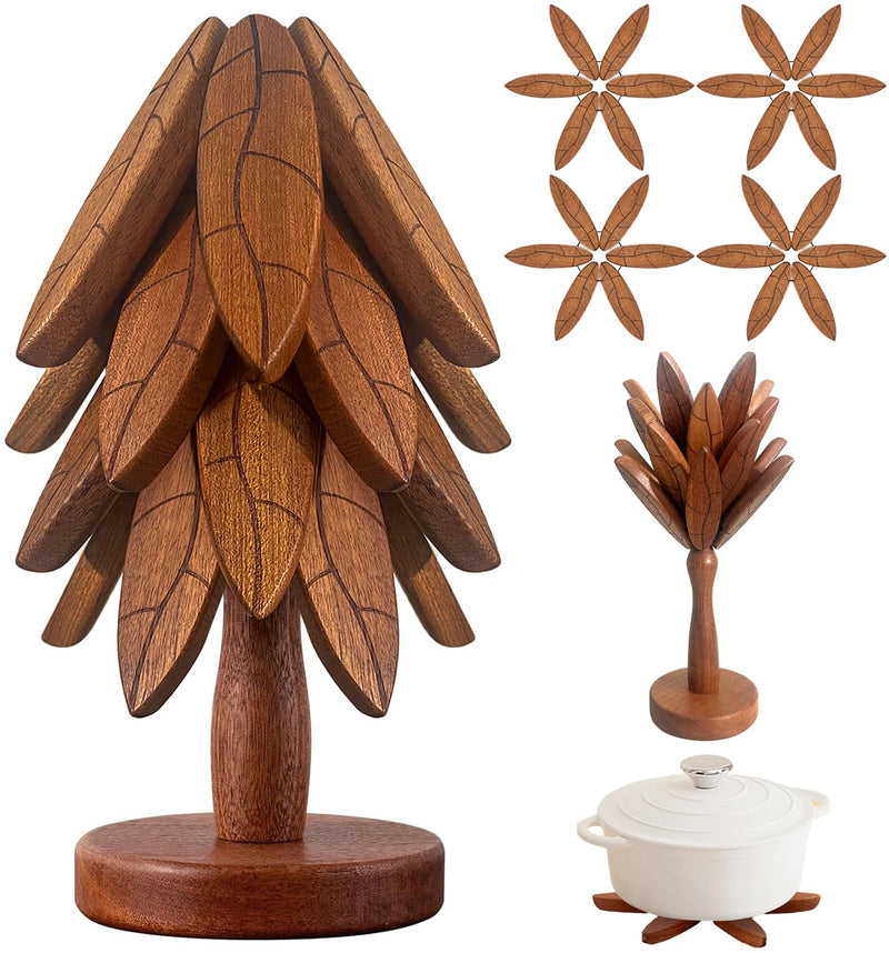 Tree Coasters, Wooden Trivets for Hot Dishes/Pot/Bowl/Teapot/Pans, Tree Shape Trivet Set - 4 Wooden Trivets + 1 Stand Stored, Kitchen Decor Gifts for Him/Her (Leaf Pattern - 4Pcs) Texture - 4pcs