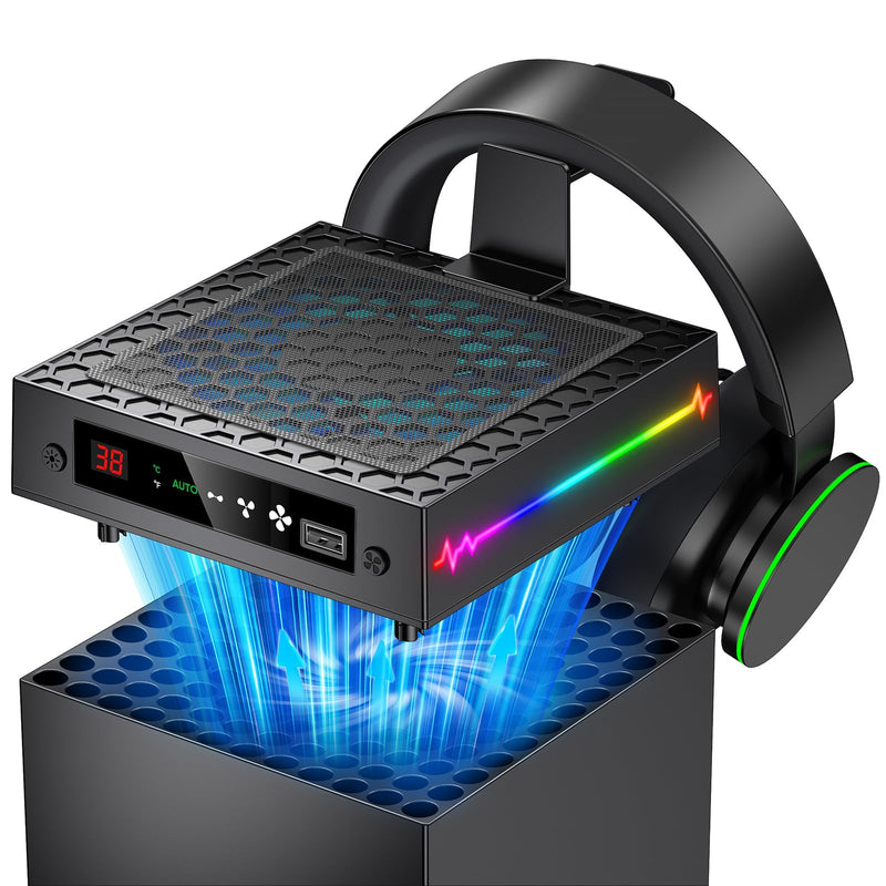 [LED Display] Auto Cooling Fan for Xbox Series X with 9 RGB Light Modes | Cooling System Adjustable by Temperature for Xbox Series X Console, Cooler&Light Switch, Headset Hook, USB Port, One Consoles