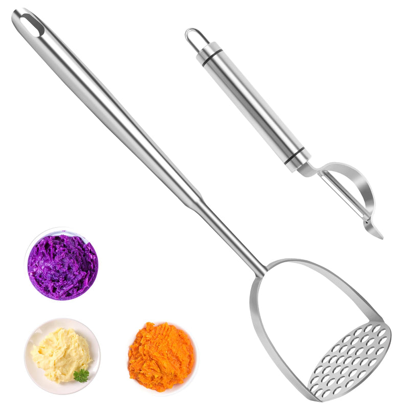 Long Potato Mashers with Peeler,The Long Handle Should Not Be Burned,Easy To Clean Potato Masher Stainless Steel,Size:L Silver-Set-L