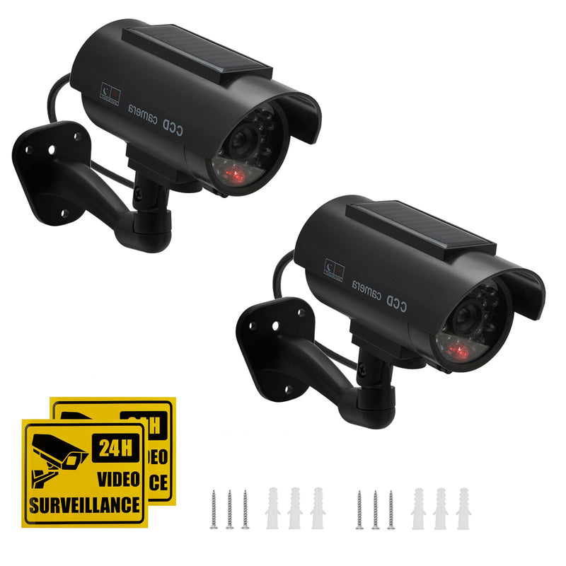 Twilight Garage Dummy Camera, 2 Pack Solar Powered Bullet Simulated CCTV Fake Security Cameras with Flashing Red LED Light & Warning Security Alert Sticker, Indoor Outdoor Use(Black)
