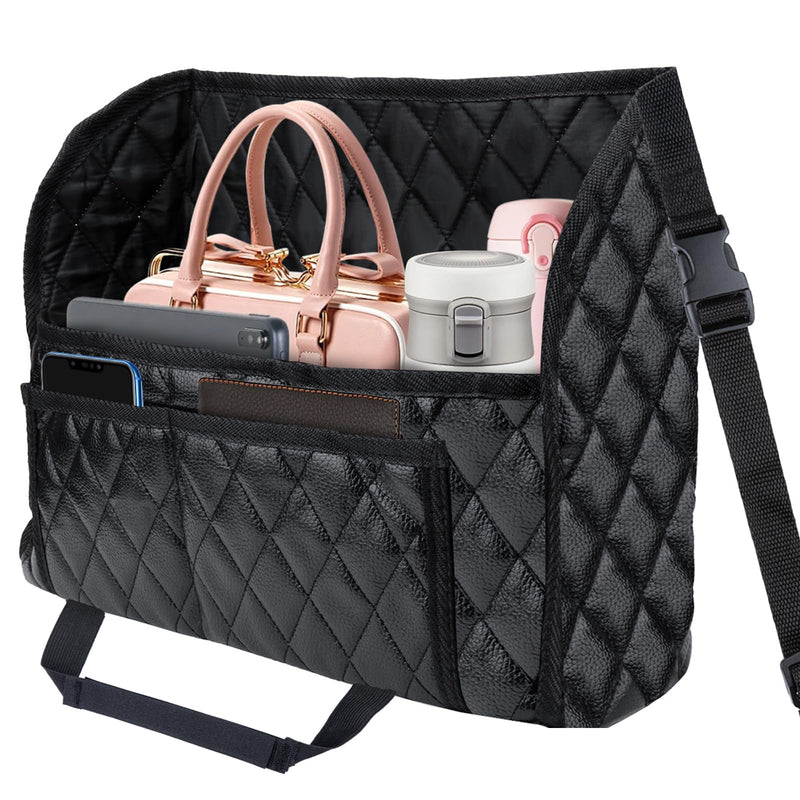 Car Purse Holder Between Seats, Leather Auto Front Seat Handbag Organizer Pocket, Large Capacity Car Net Pocket Handbag Holder, Backseat Barrier Storage Bag for Kids Pet, Fits for Car, Truck, SUV