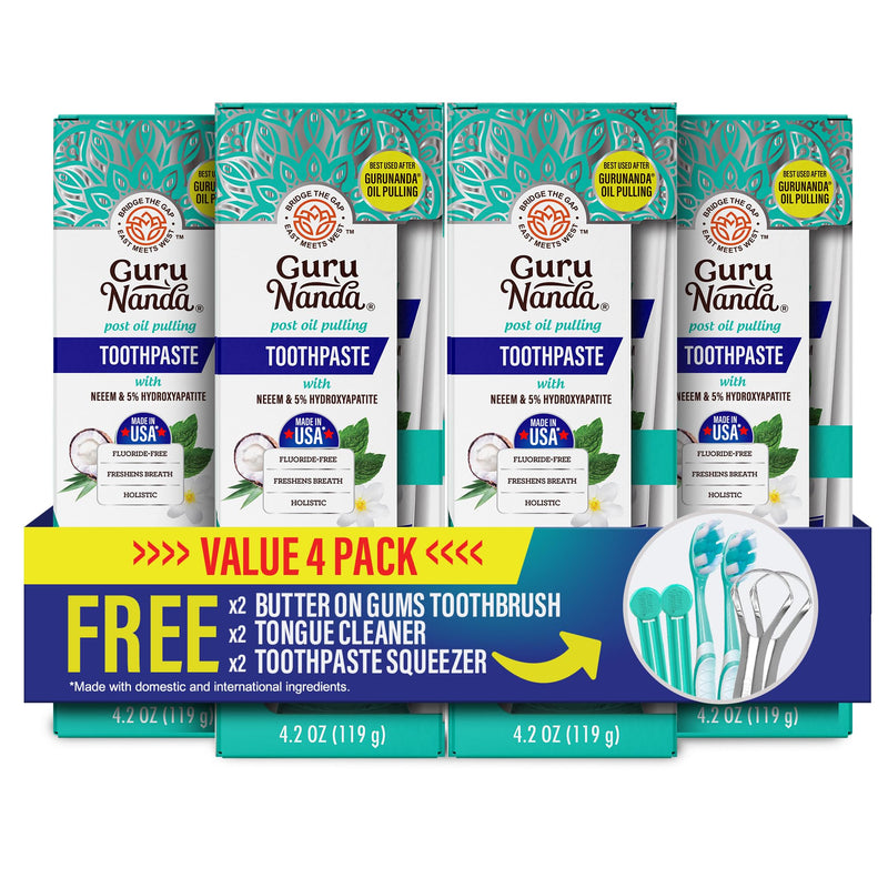 GuruNanda Hydroxyapatite Toothpaste for Whitening with Neem & Xylitol, SLS & Fluoride Free (4 Pack) - Freshens Breath, Fights Plaque - with 2 Toothbrushes, 2 Tongue Scrapers & 2 Tube Squeezers 4.2 Ounce (Pack of 4)
