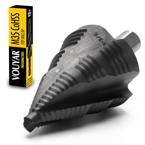 Four Spiral Flute Cobalt Step Drill Bit, 1/4" - 1-3/8" M35 TiAlN Coating Impact Ready Unibit Step Drill Bit, Tri-Flat Shank Shank Step Bit for Metal, Stainless Steel, Aluminum, Plastic 1/4" - 1-3/8"