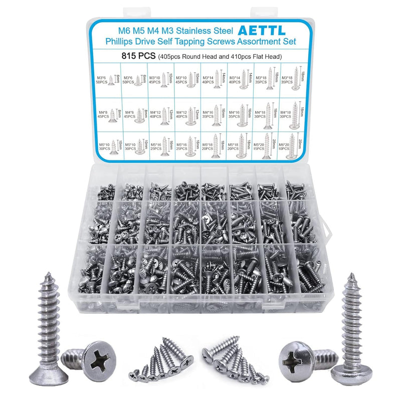 M6 M5 M4 M3 Wood Screws Assortment Kit,815pcs Metric Stainless Steel Assorted Self Tapping Screws Set Truss Flat Pan Head Phillips Drive Drilling for Deck Drywall Concrete Sheet Metal