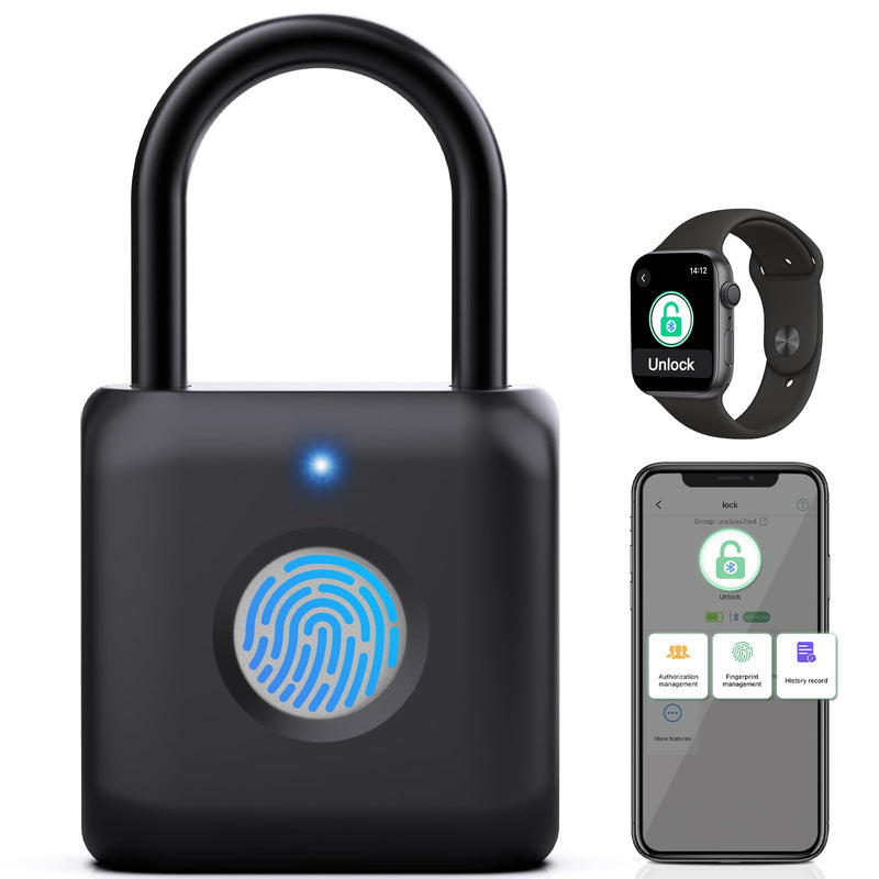 Pothunder Fingerprint Padlock, Smart Padlock, Locker Lock, Combination Lock, Fingerprint Lock with APP Unlock, USB Rechargeable, Suitable for Gym Locker, Door, Locker(Black) Black