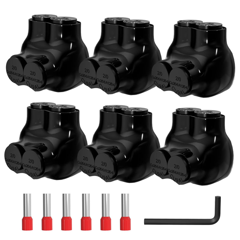 Joinfworld 2 Port Insulated Multi Tap Connector 2/0-6 Gauge Wire Connectors Aluminum to Copper Wire Connectors Single Side Entry Black Electrical Cable Connectors with Slotted Allen Hex - 6 Pack 2/0-6 AWG(6pcs)