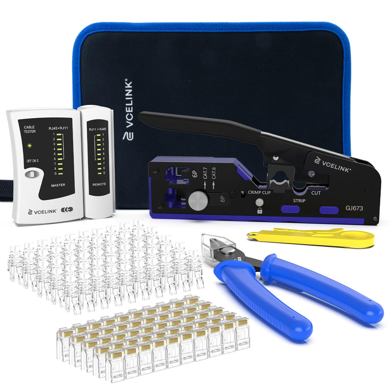 VCELINK RJ45 Crimp Tool Kit for CAT7/6A/6/5E/5, Upgraded Network Tool Set with an Ethernet Crimper, 50 RJ45 Connectors & Boots, Cable Tester, Wire Stripper and Cutter in a Cloth Bag, Blue Advanced Set