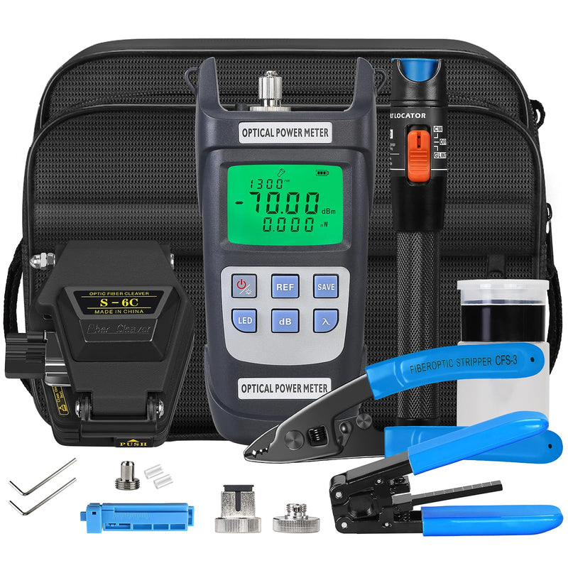Fiber Optic Terminal kit 9-in-1 FTTH Tool kit Equipped with S-6C Optical Fiber Cleaver and high Precision Optical Power Meter A-Y710A (-70~+10dBm) Well as Wire Stripper Fibre Tool kit
