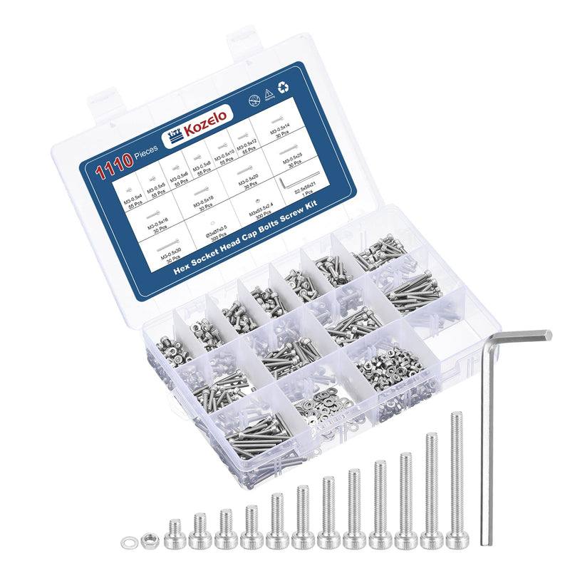1110pcs M3 Socket Head Cap Screws Bolts Nuts Assortment Kit - [M3x4/5/6/8/10/12/14/16/18/20/25/30mm] 304 Stainless Steel Allen Socket Drive for 3D Printer with Allen Wrench M3x4/5/6/8/10/12/14/16/18/20/25/30mm 1110