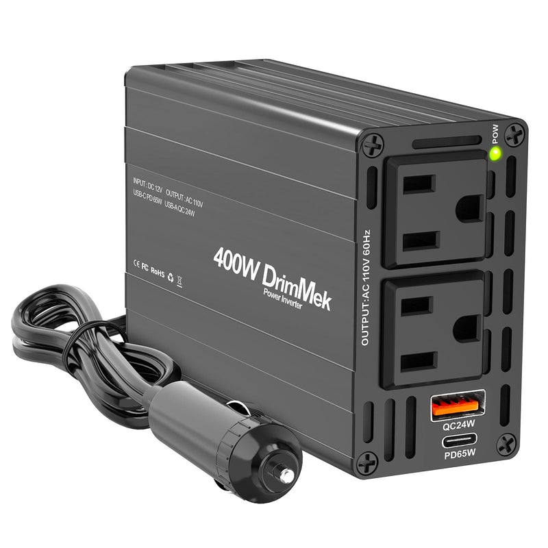 400W Car Power Inverter - Dual DC 12V to 110V AC Car Plug Adapter Outlets, Fast Charging USB C 65W & 24W Port, Power Inverters for Vehicles, Laptop Car Charger, Road Trips BLACK