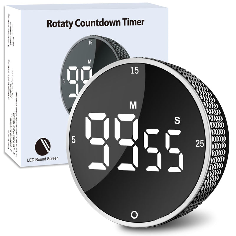 Digital Kitchen Timer with HD LED Display, Magnetic Countdown & Countup Timer for Cooking, 99 Minutes Rotating Pomodoro Timer for Classroom, Fitness, Office. Silver