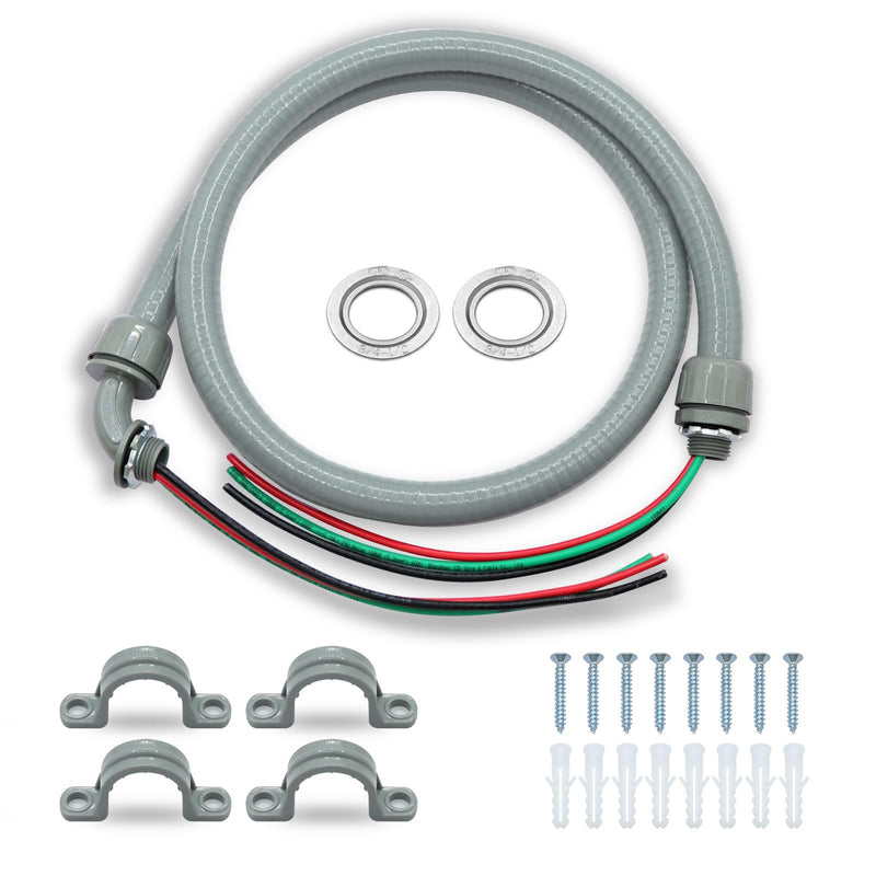 1/2" x 6Ft Power Whip Assembly Kit, Non-Metallic Liquid Tight Flexible Electrical Conduit with 10 Gauge Wire Electrical AC Whip Kit 1/2" x 6Ft