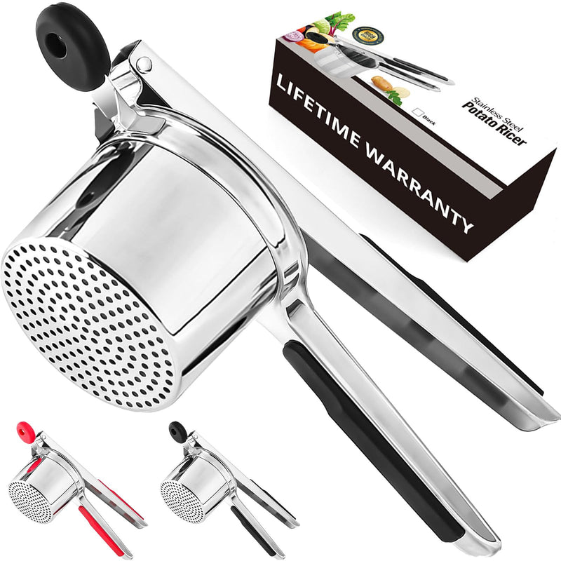Large 15 oz Stainless Steel Potato Ricer with Silicone Grip - Heavy Duty Ricer for Mashed Potatoes, Purees Black