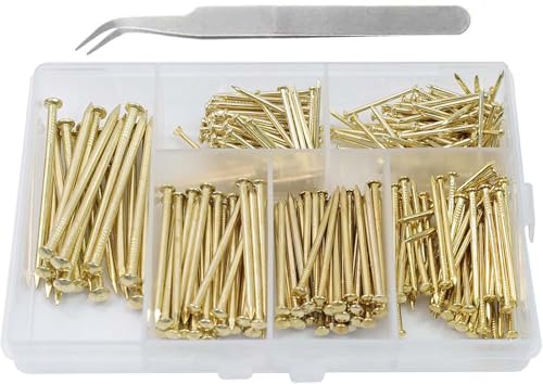 6 Sizes Gold Picture Hanging Nails Assortment Kit, 340Pcs Wall Hanging Set for Frame Art Photo, replacement Small Framing Nails Assorted Kit incl. iron Tweezer tool(Gold, Set2)