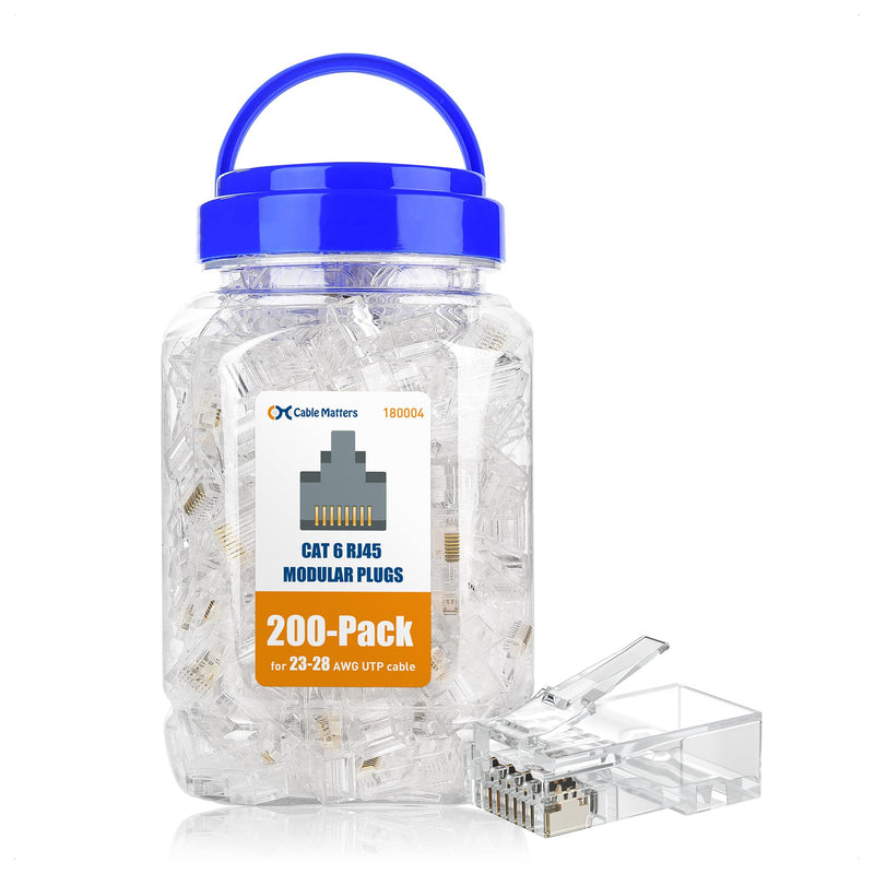 Cable Matters 200-Pack CAT6 RJ45 Modular Plugs, 50µ Gold Plated (RJ45 Connector, Cat 6 Ends, Cat 6 Ethernet Connector, Ethernet Plugs), for Solid or Stranded UTP Cable