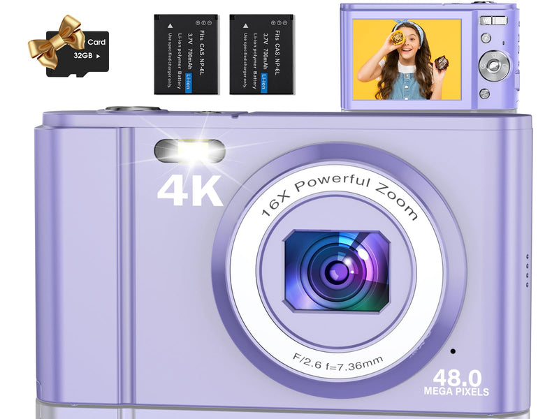 48MP 4K Kids Camera - Compact Point & Shoot with 2.8" LCD, 16X Zoom, 32GB SD Card Purple