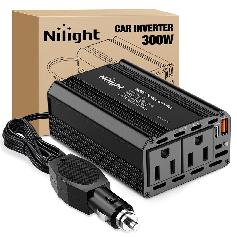 Nilight 300W Power Inverter 12V DC to 110V AC Car Converter with PD 65W USB C & QC3.0 for Phones Tablets Laptop Computer Game Console Kindle iPad DVD Players Black 300W USB+PD 110V Outlet*2
