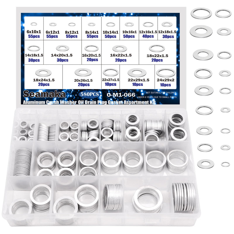 580PCS Oil Crush Washer,18 Sizes Oil Drain Plug Gaskets Assortment Kit,Automotive Aluminum Drain Plug Washer M6 M8 M10 M12 M14 M16 M18 M20 M22 M24 580PCS Aluminum Washer